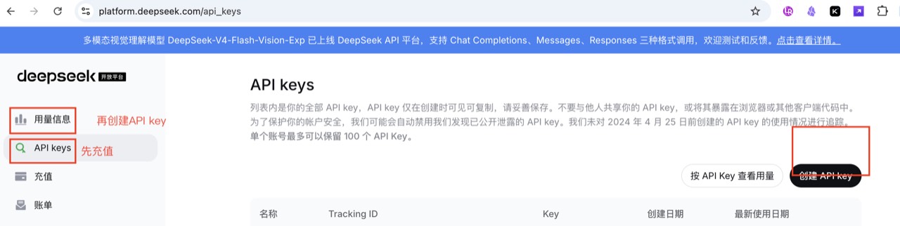 DeepSeek 用量与密钥页面